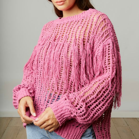 Pink Skies Fringe Sweater