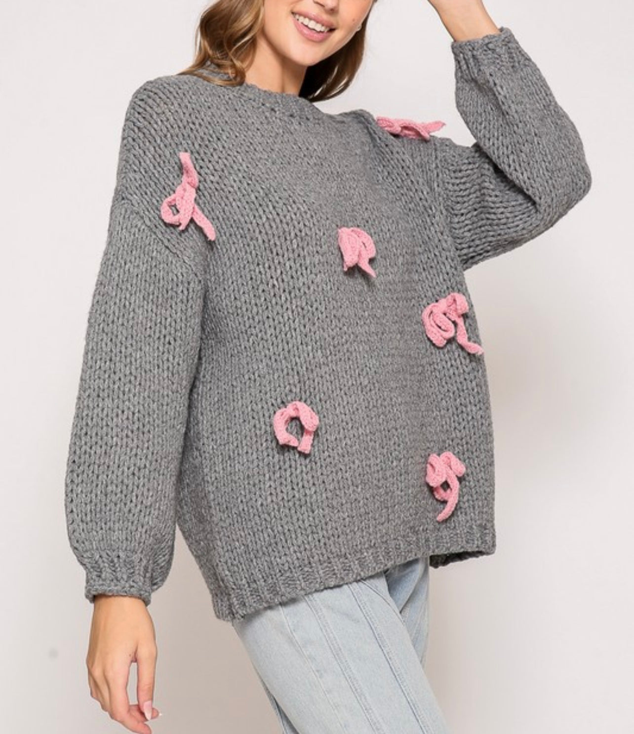 Cozy Girl Chunky-Knit Sweater With Pink Bows