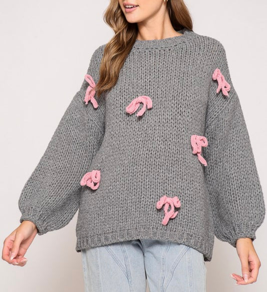 Cozy Girl Chunky-Knit Sweater With Pink Bows