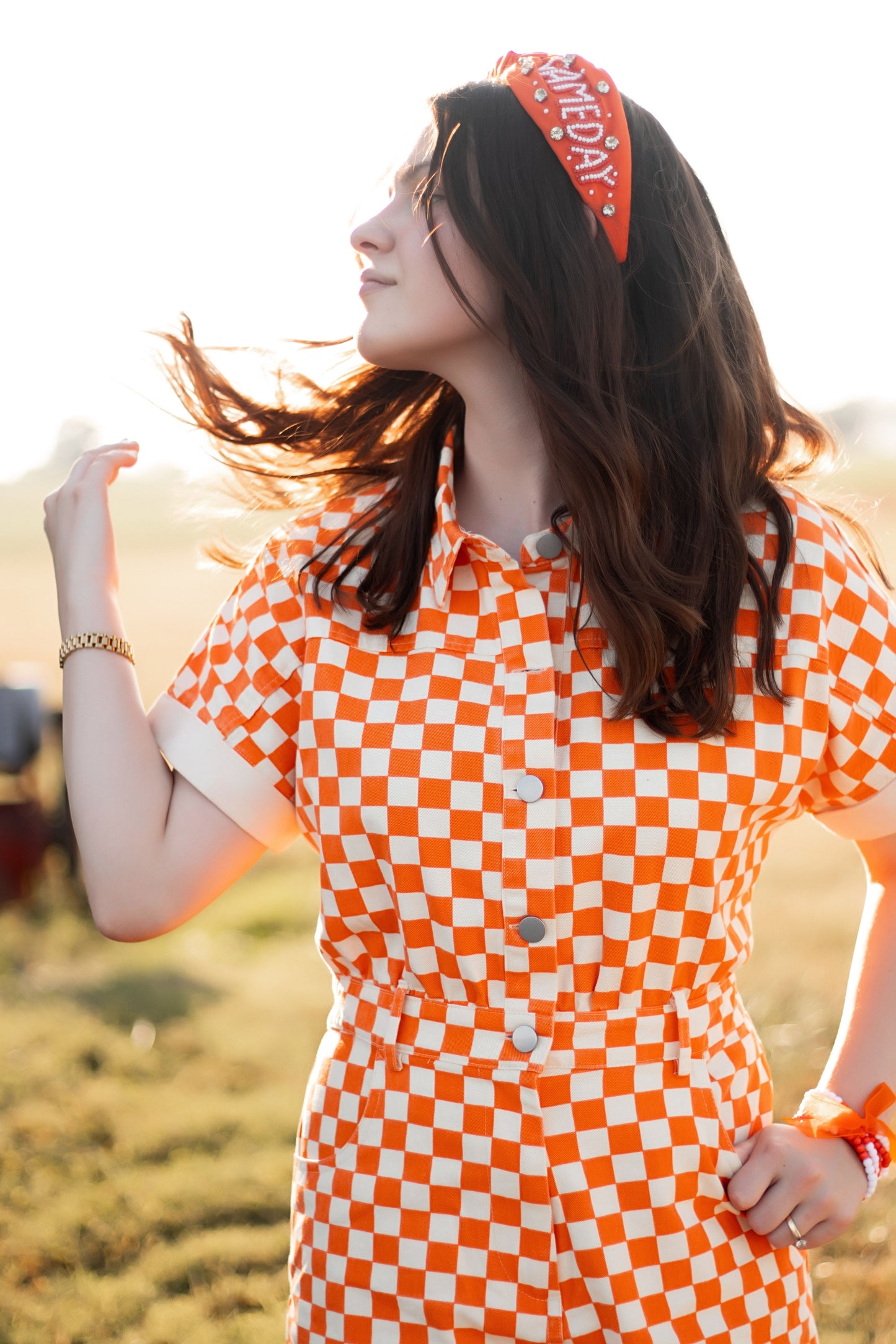 Go Team Go Orange + White Checkered Romper