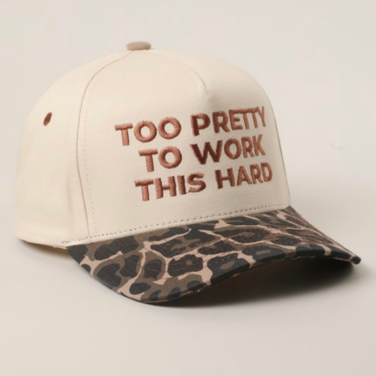 Too Pretty To Work This Hard Leopard Trucker Hat