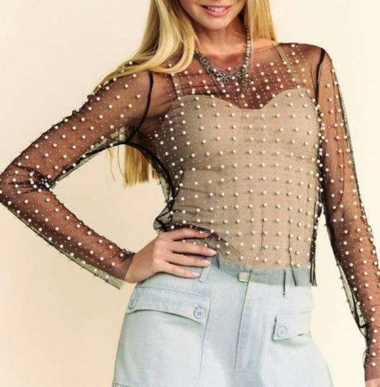 Shimmer and Shine Beaded Pearl and Jeweled Sheer Top