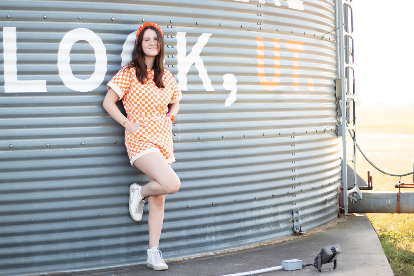 Go Team Go Orange + White Checkered Romper