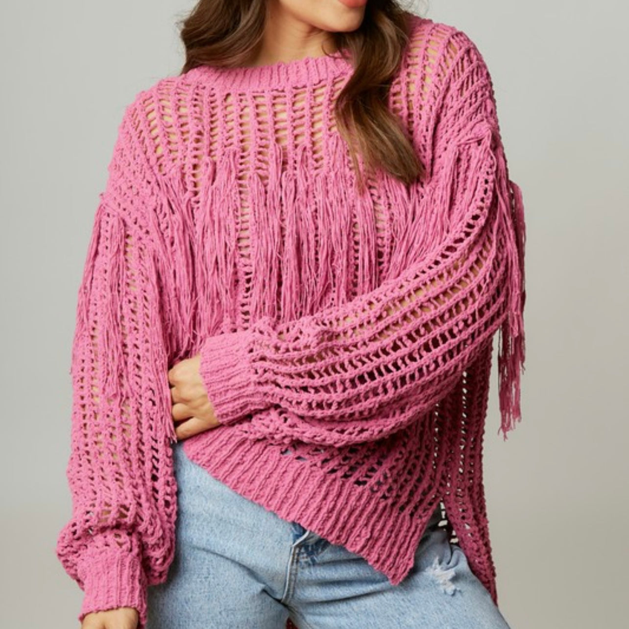 Pink Skies Fringe Sweater