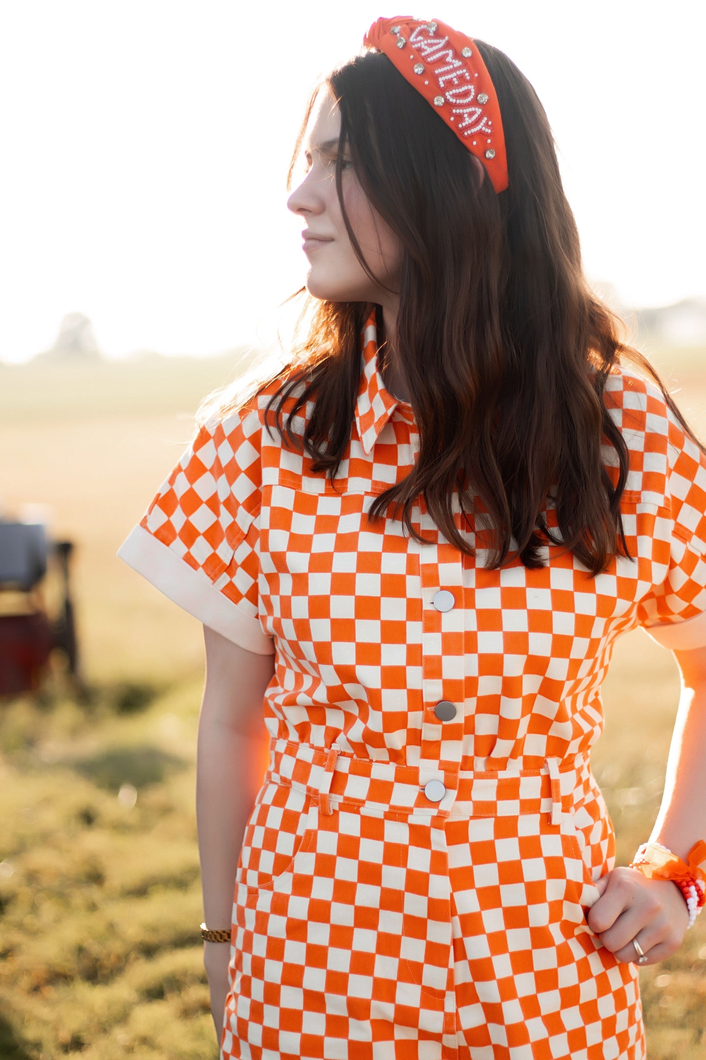 Go Team Go Orange + White Checkered Romper