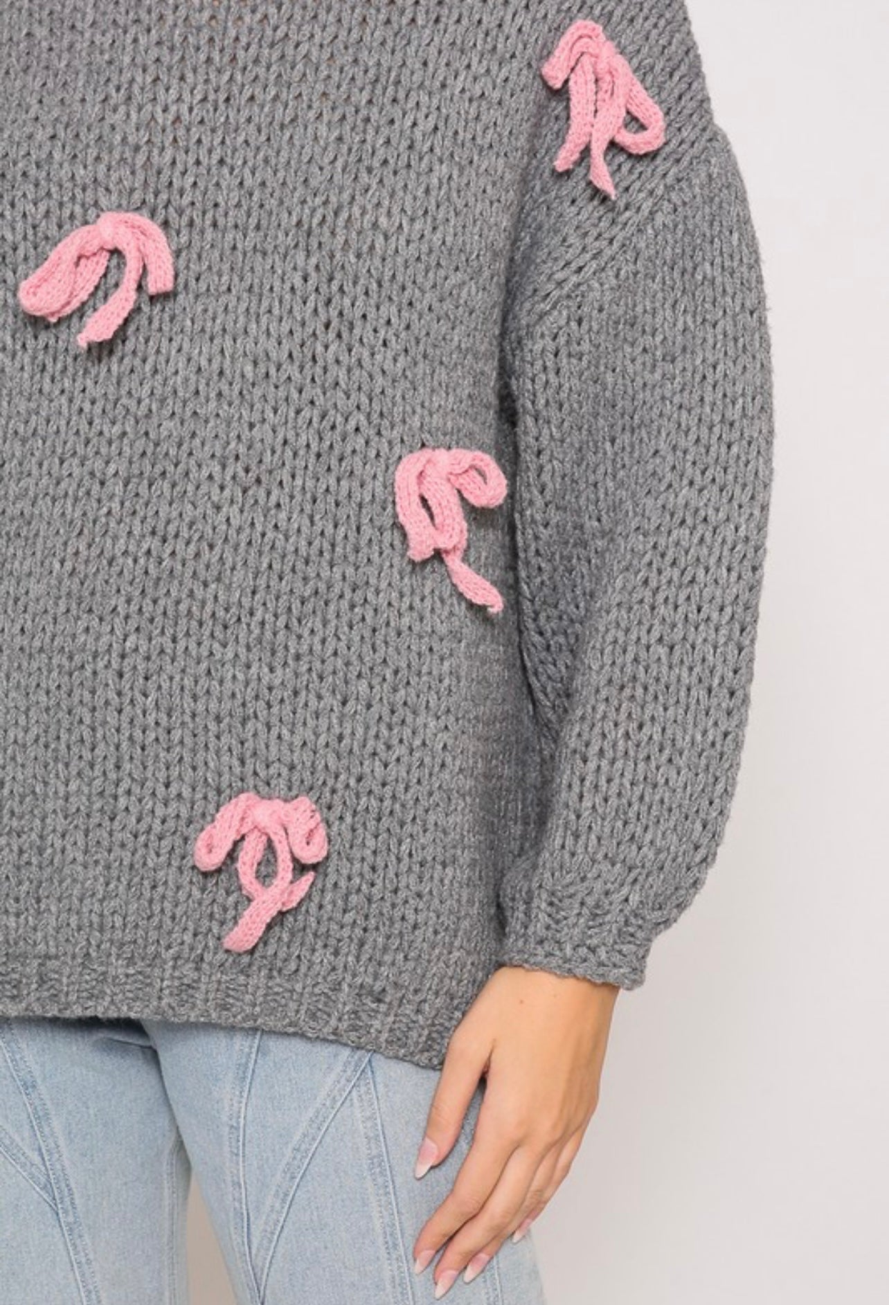 Cozy Girl Chunky-Knit Sweater With Pink Bows